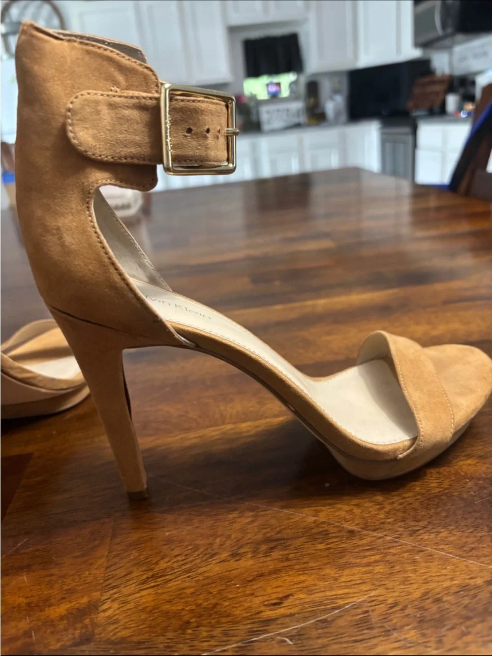 Calvin Klein Cognac Suede Ankle-Strap Open-Toe Heels